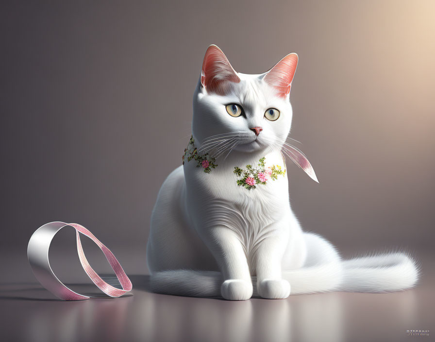 White Cat with Floral Collar and Ribbon on Grey Background