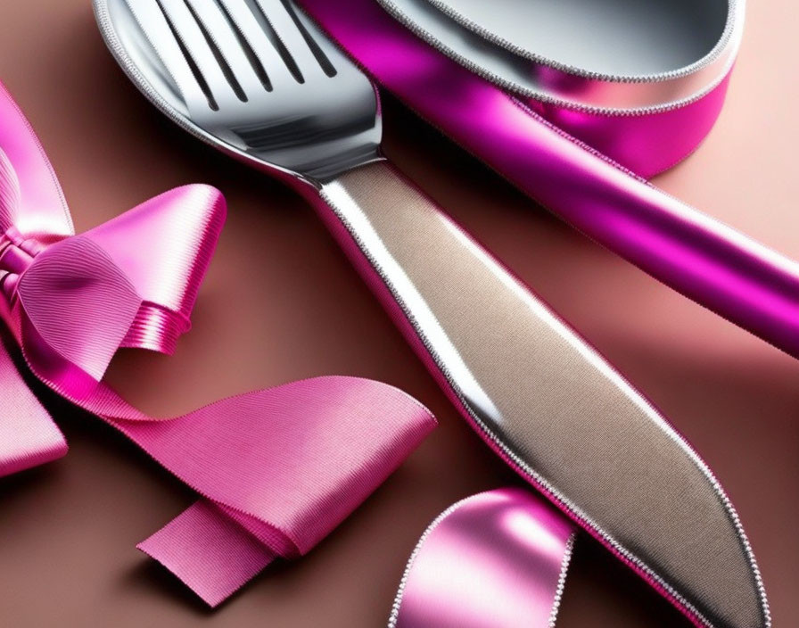 Shiny stainless steel cutlery with pink ribbon on pink background