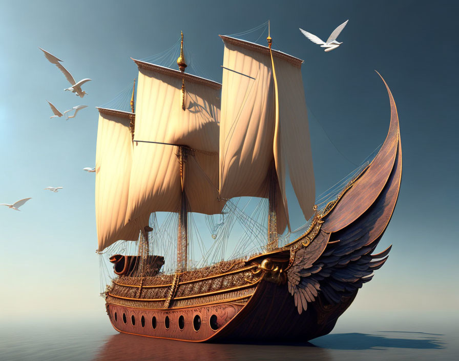 Fantastical ship with bird-like features sailing on calm seas