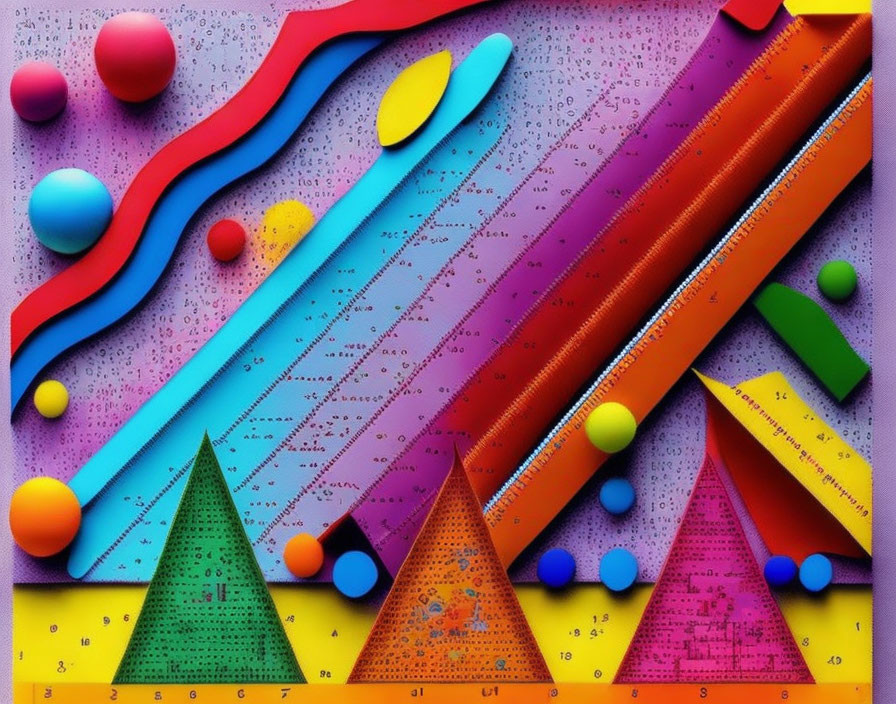 Colorful 3D geometric painting with spheres, triangles, and ribbons on dotted background