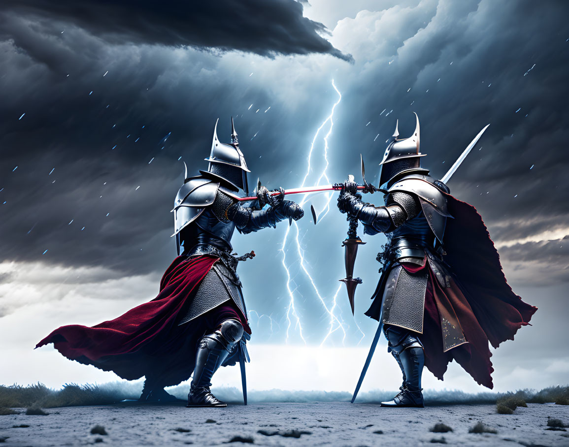 Medieval knights in full armor duel under stormy sky.