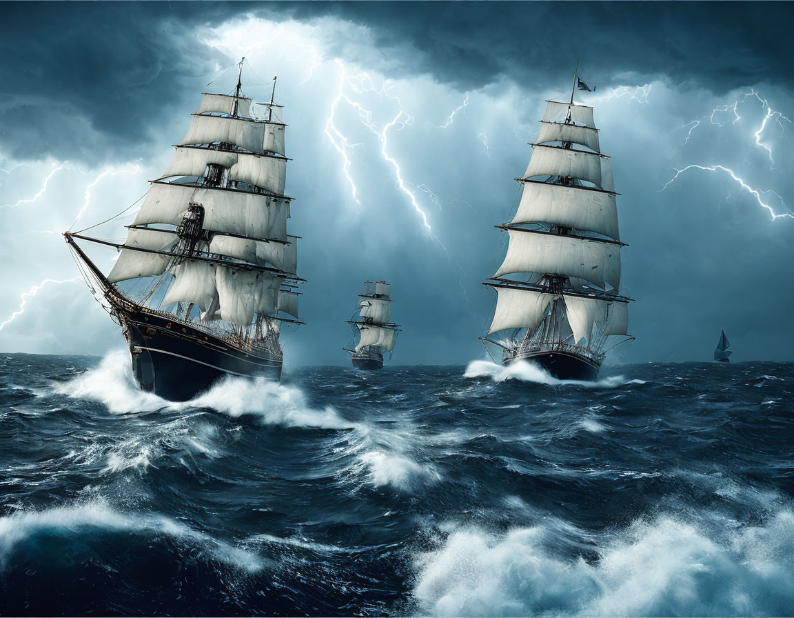 Tall ships with full sails in turbulent seas during a thunderstorm