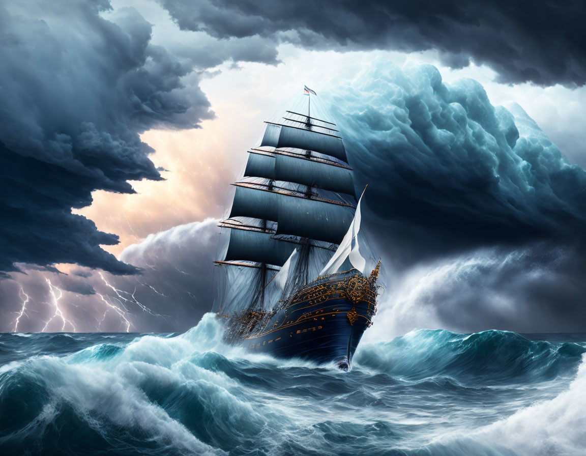 Tall ship sailing in turbulent seas under stormy sky