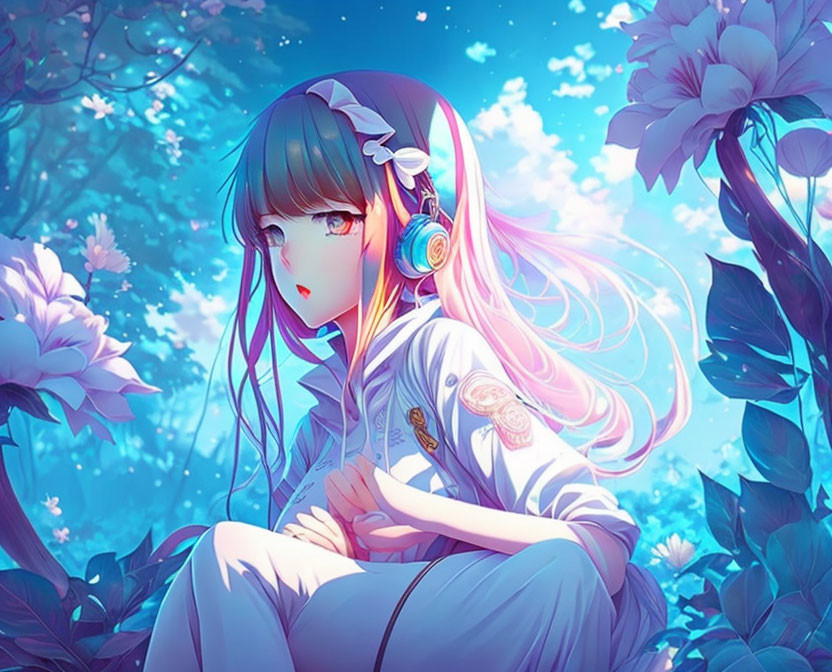 Blue-haired anime girl with headphones in a serene floral setting.