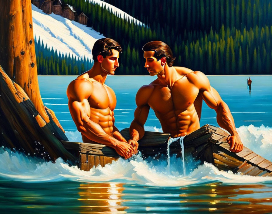 Muscular Men in Stylized Painting by Lake and Forest