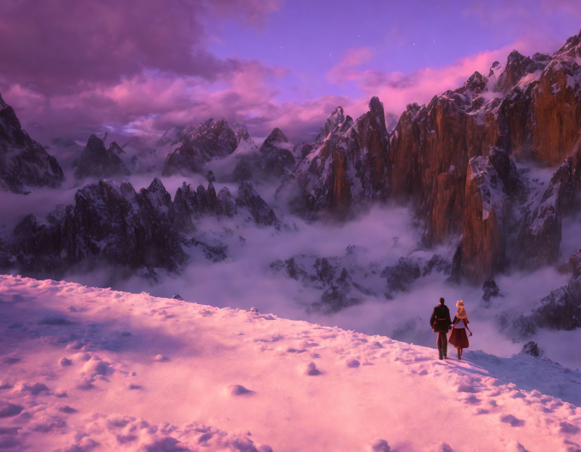 Snowy mountain slope at dusk with two people, pink-purple skies, and mist-covered peaks.