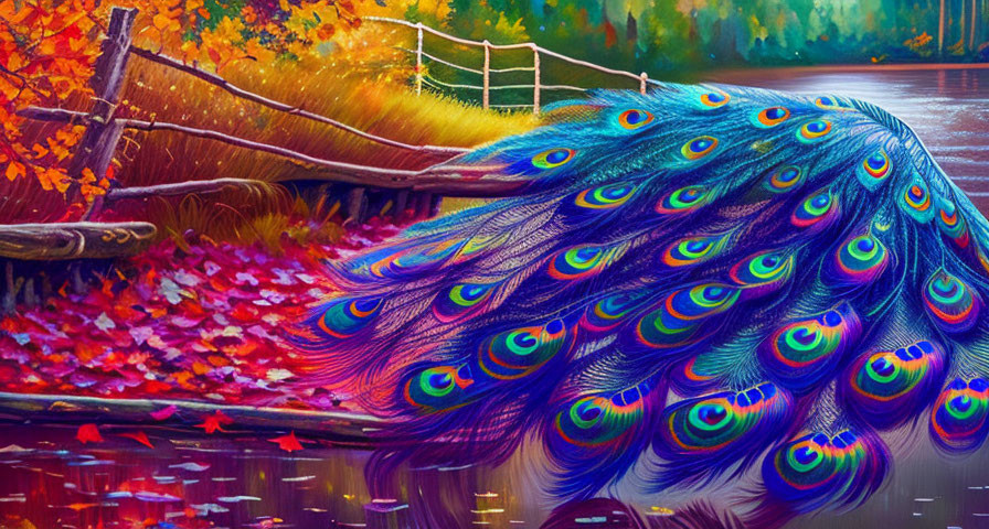 Colorful peacock by tranquil lake with autumn leaves under picturesque sky