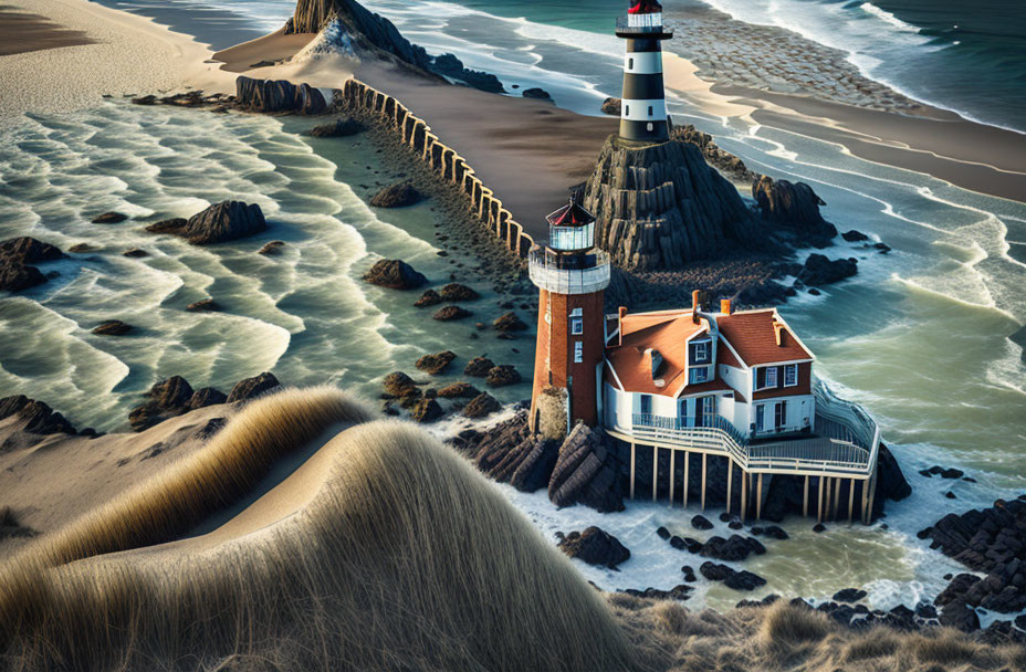 Scenic lighthouse on rocky promontory with keeper's house and beach view