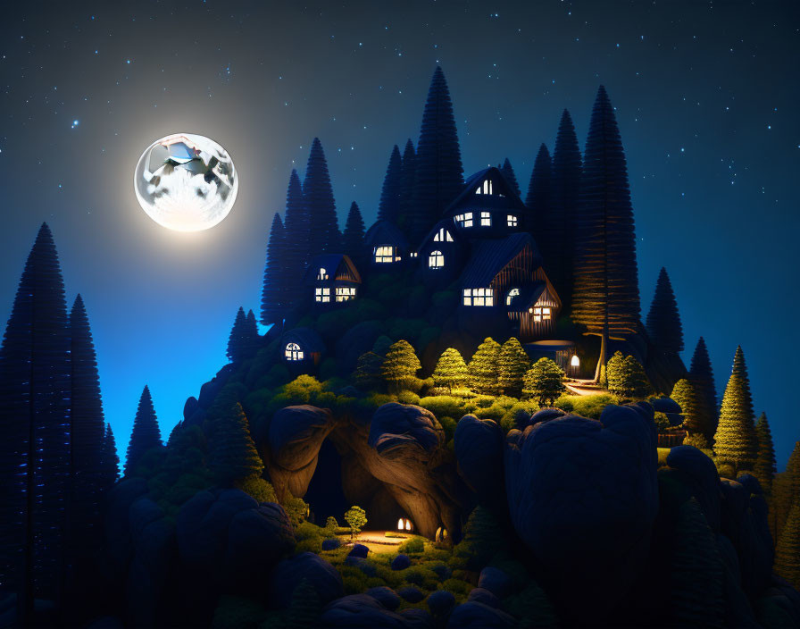 Nighttime scene: Quaint house among tall pine trees under full moon