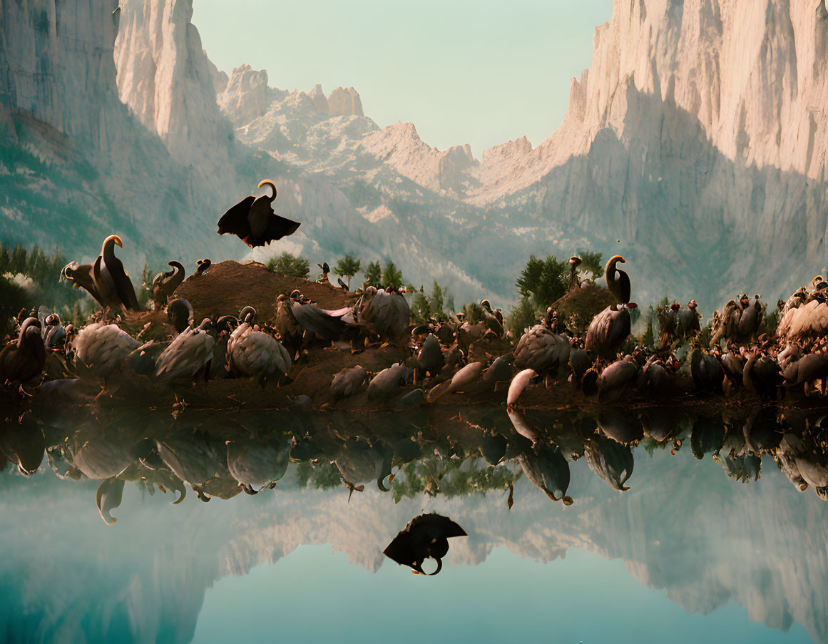 Scenic landscape with vultures near water and mountains