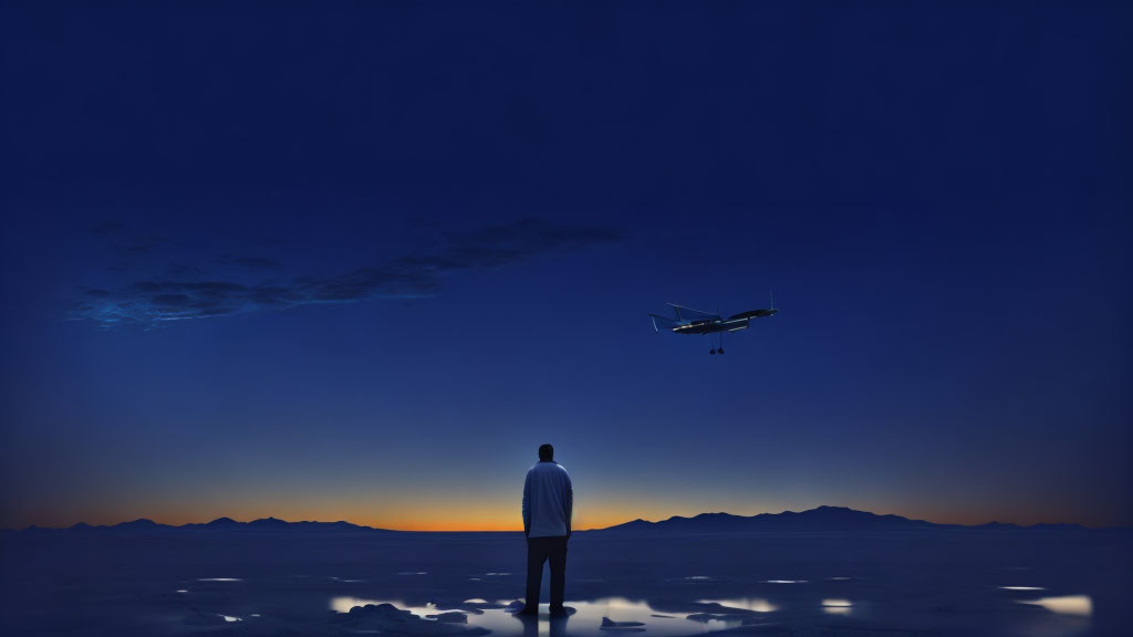 Silhouetted figure gazes at low-flying plane over tranquil water and distant mountain.