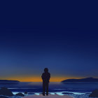 Silhouetted figure gazes at low-flying plane over tranquil water and distant mountain.