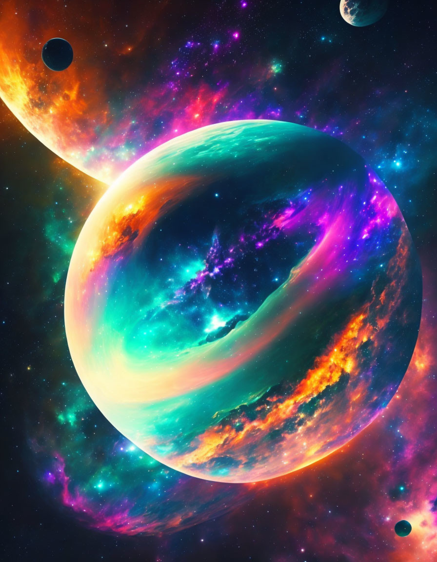 Colorful Cosmic Scene with Surreal Planet and Moons in Nebula Space