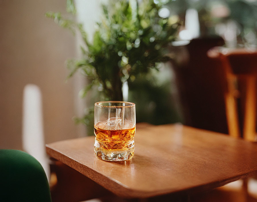 Whiskey glass with ice on wooden table, blurred greenery background.