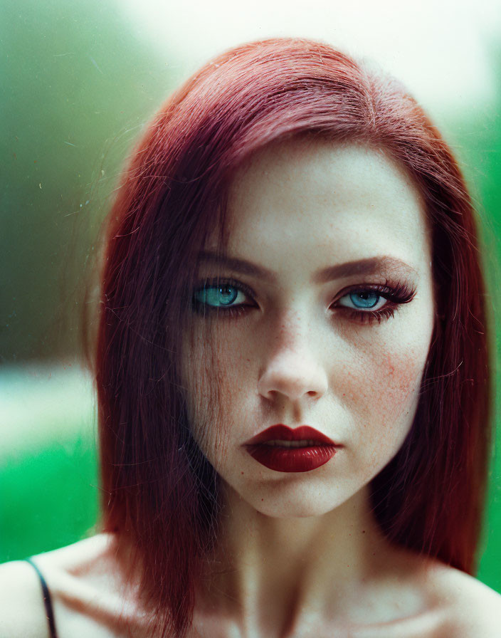 Portrait of Woman with Blue Eyes, Red Hair, and Red Lipstick on Green Background