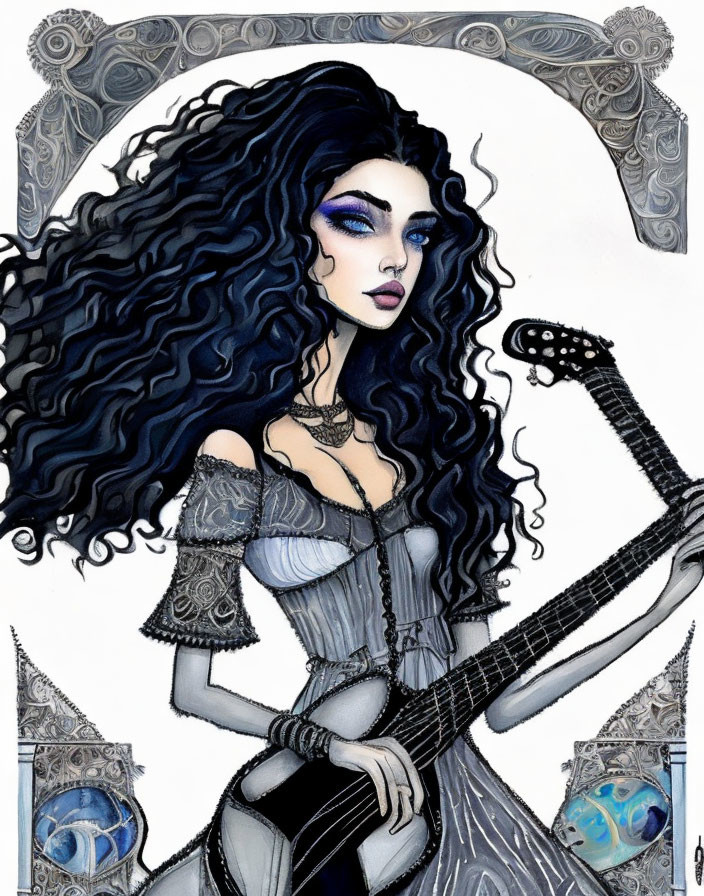 Illustrated gothic woman with black hair playing guitar in silver frames with blue orbs