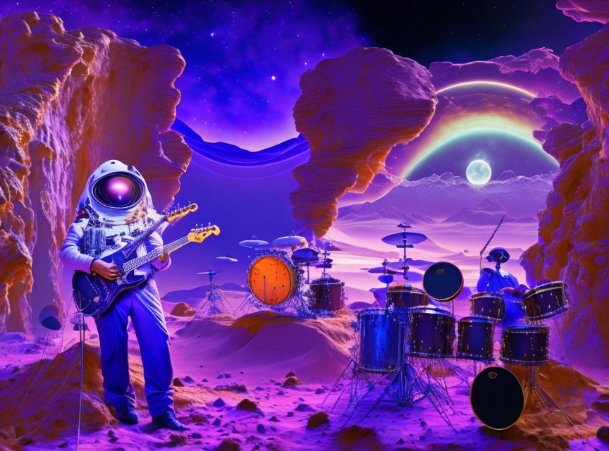 Astronaut playing electric guitar on purple alien landscape with rock formations, drum set, starry sky