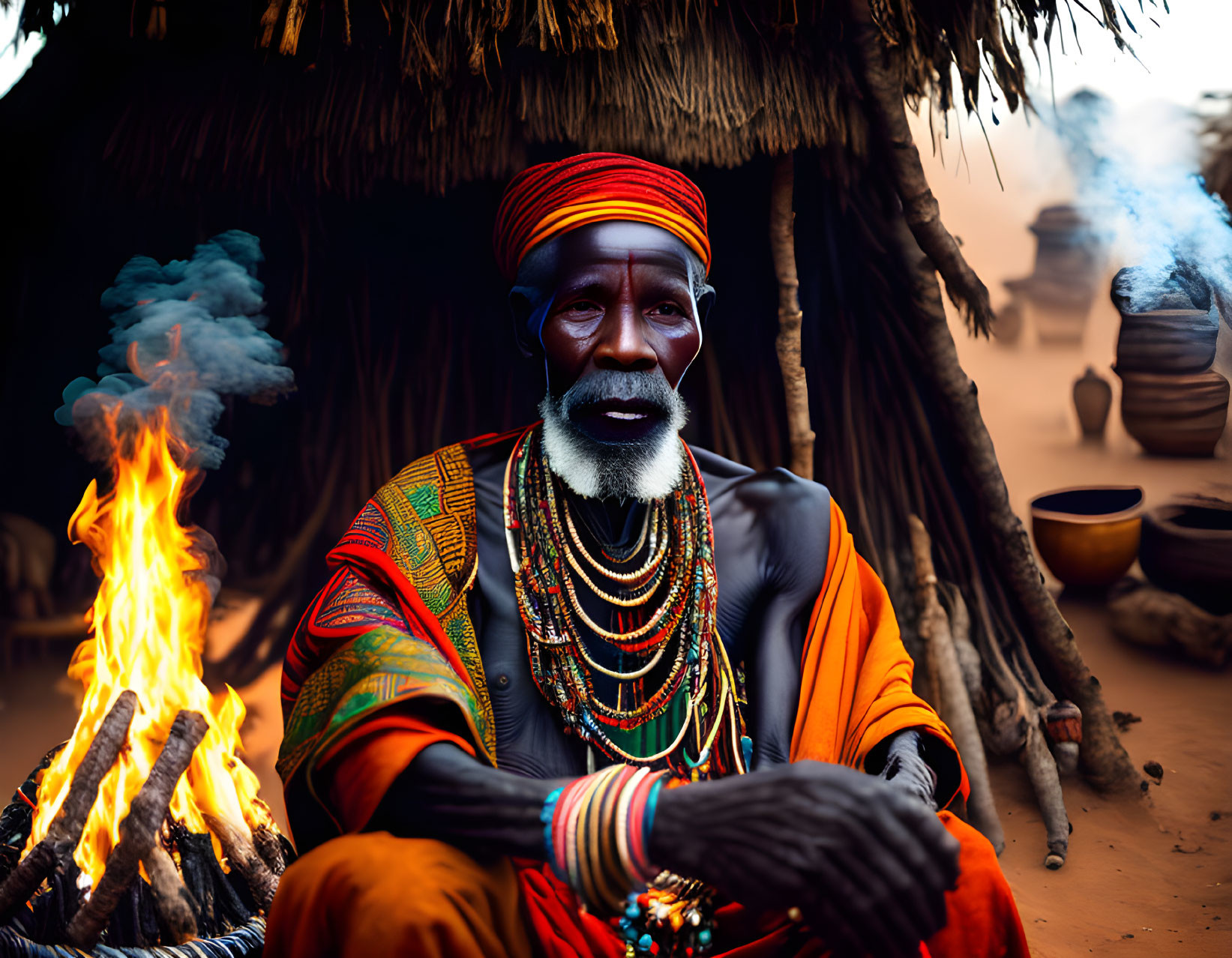 Elderly man in traditional African attire by fire and huts