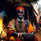 Elderly man in traditional African attire by fire and huts