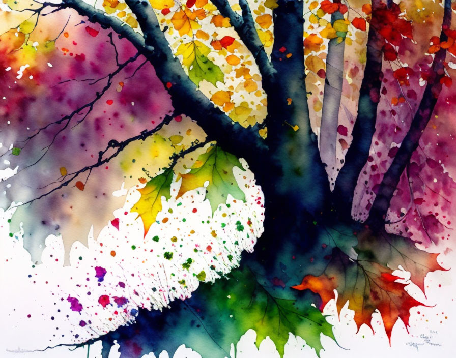 Colorful Autumn Forest Watercolor Painting