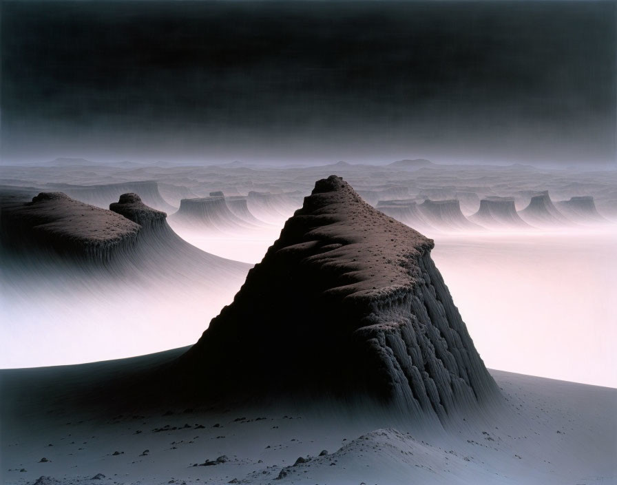 Eroded desert formations under moonlit sky