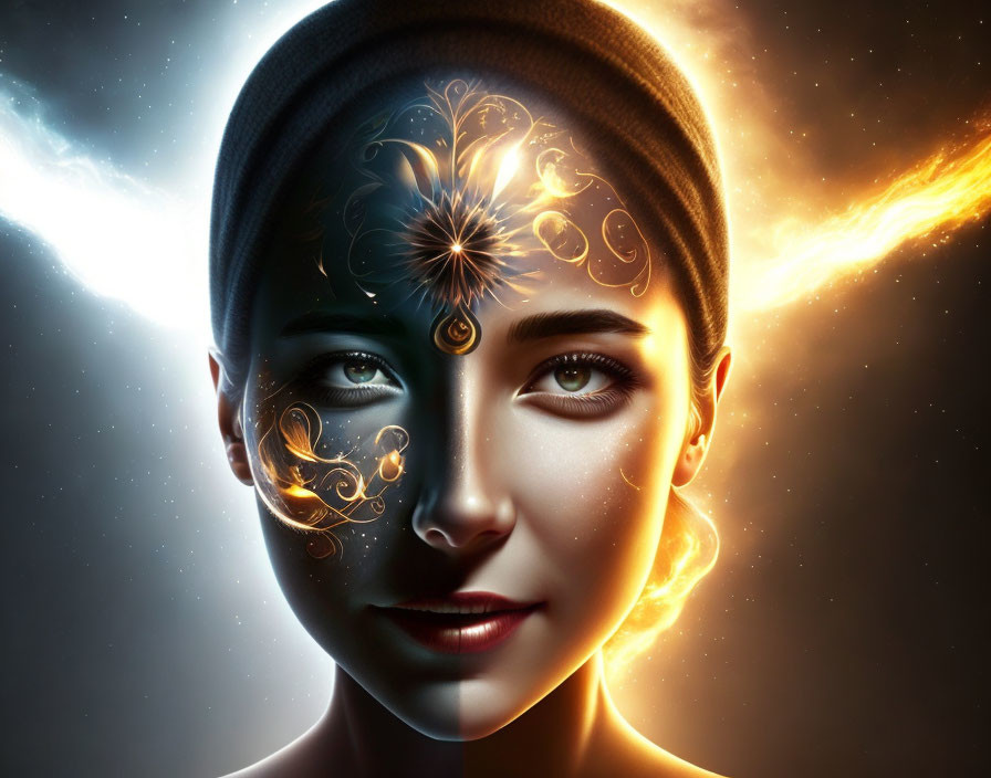 Digital artwork: Woman's face half-human, half-illustrated with glowing ornamental designs on dark