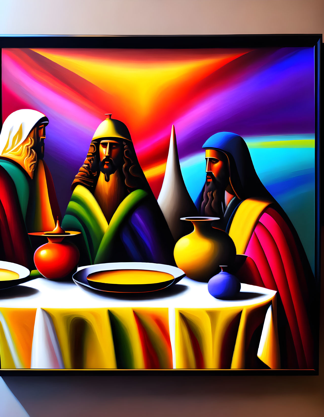 Colorful Painting of Three Robed Figures at Table