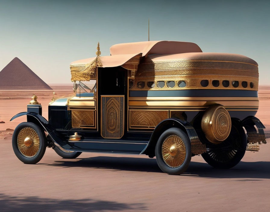 Luxurious Vintage Car with Egyptian Motif Near Pyramids