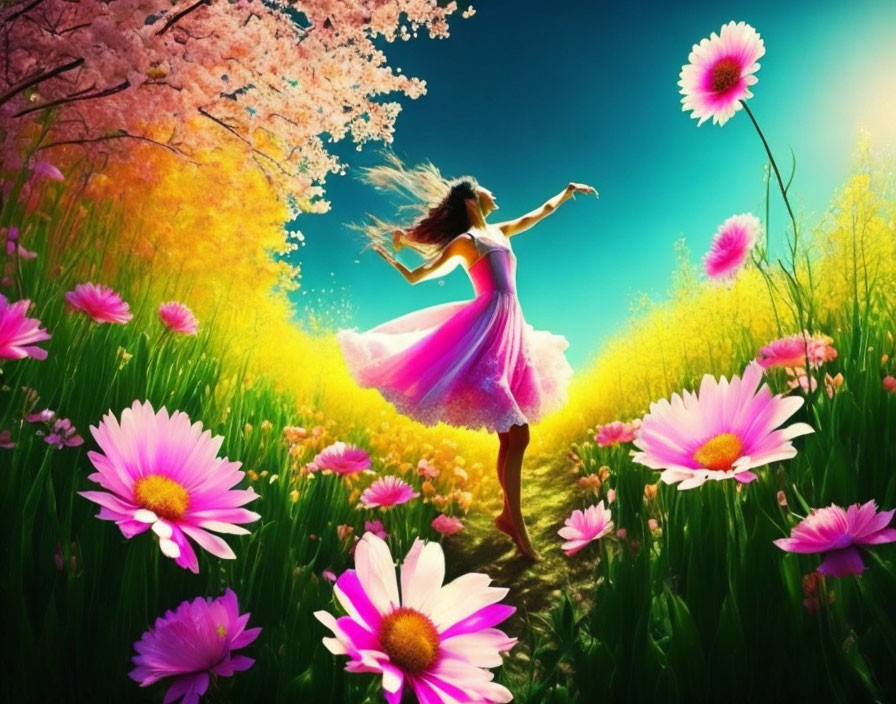 Woman dancing in vibrant flower field under sunny sky