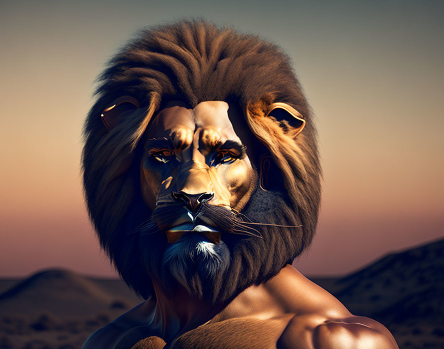 Digital Art: Lion-headed Human Body in Desert Twilight