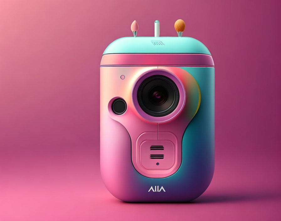 Dual Lens Instant Camera in Pink Teal Gradient with Playful Knob Details