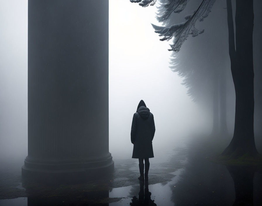 Figure amidst misty columns and eerie trees in contemplation