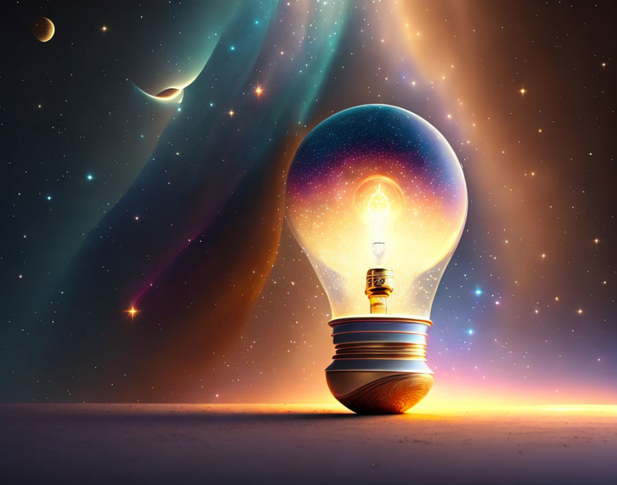 Glowing light bulb on cosmic background with stars and planets