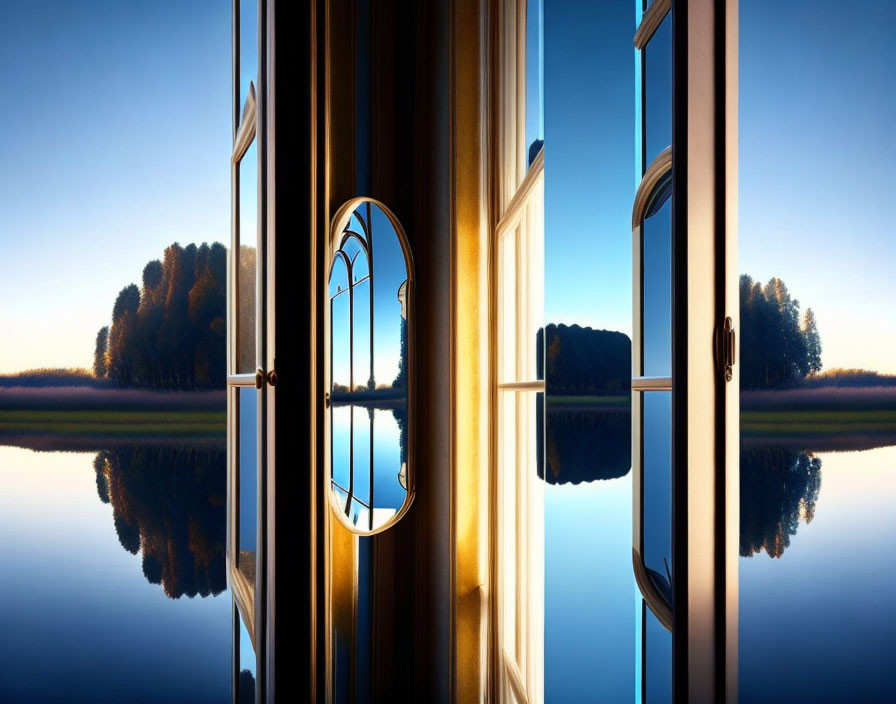 Tranquil lake scene with trees reflected at dusk through golden-framed window