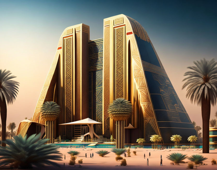 Futuristic pyramid-shaped building in desert landscape