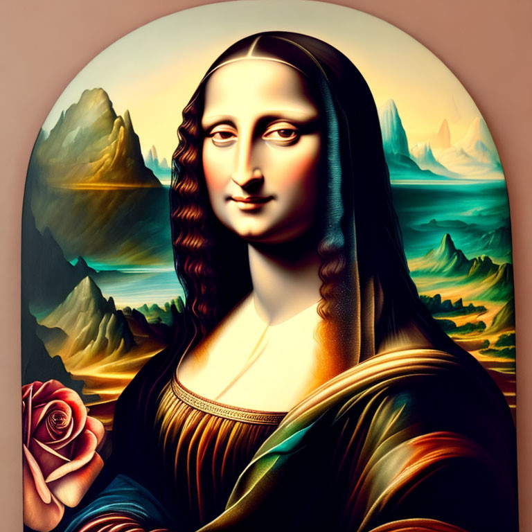 Colorful Mona Lisa with Rose and Mountains Background