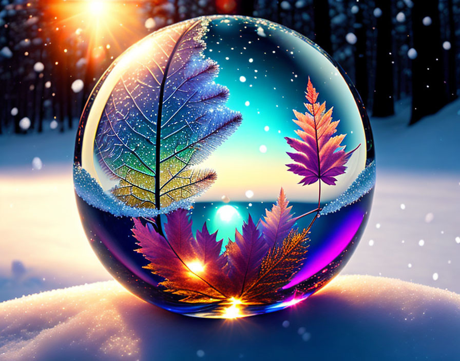 Crystal ball with frost-edged leaves on snowy ground in winter forest scene