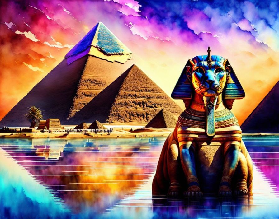 Great Sphinx and Pyramids of Giza with Colorful Sky Reflected in Water