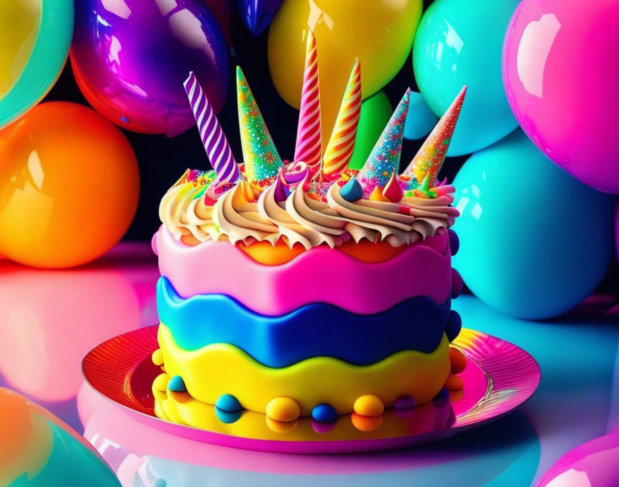 Colorful Birthday Cake with Candles, Sprinkles, and Balloons