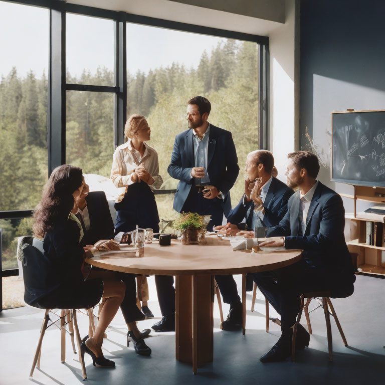 Professionals meeting at wooden table with forest view