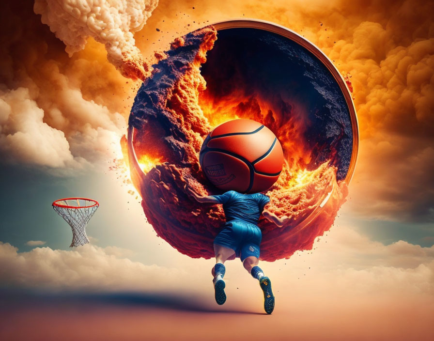 Basketball player jumping towards fiery planet backdrop