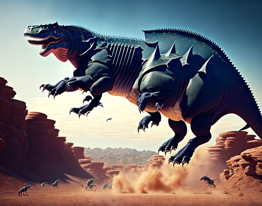 Armored dinosaur with spikes in desert landscape with fleeing creatures
