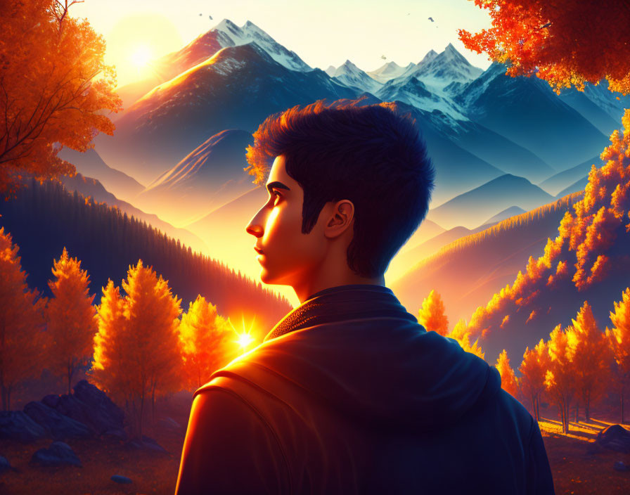 Man admires autumn landscape with fiery foliage and mountains