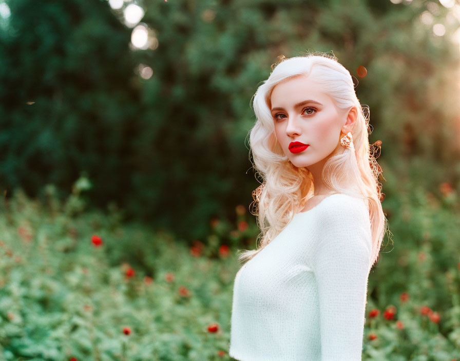 Platinum blonde woman in white sweater among red flowers