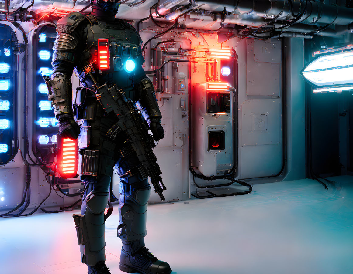 Futuristic soldier in black armor on spaceship corridor with neon lights