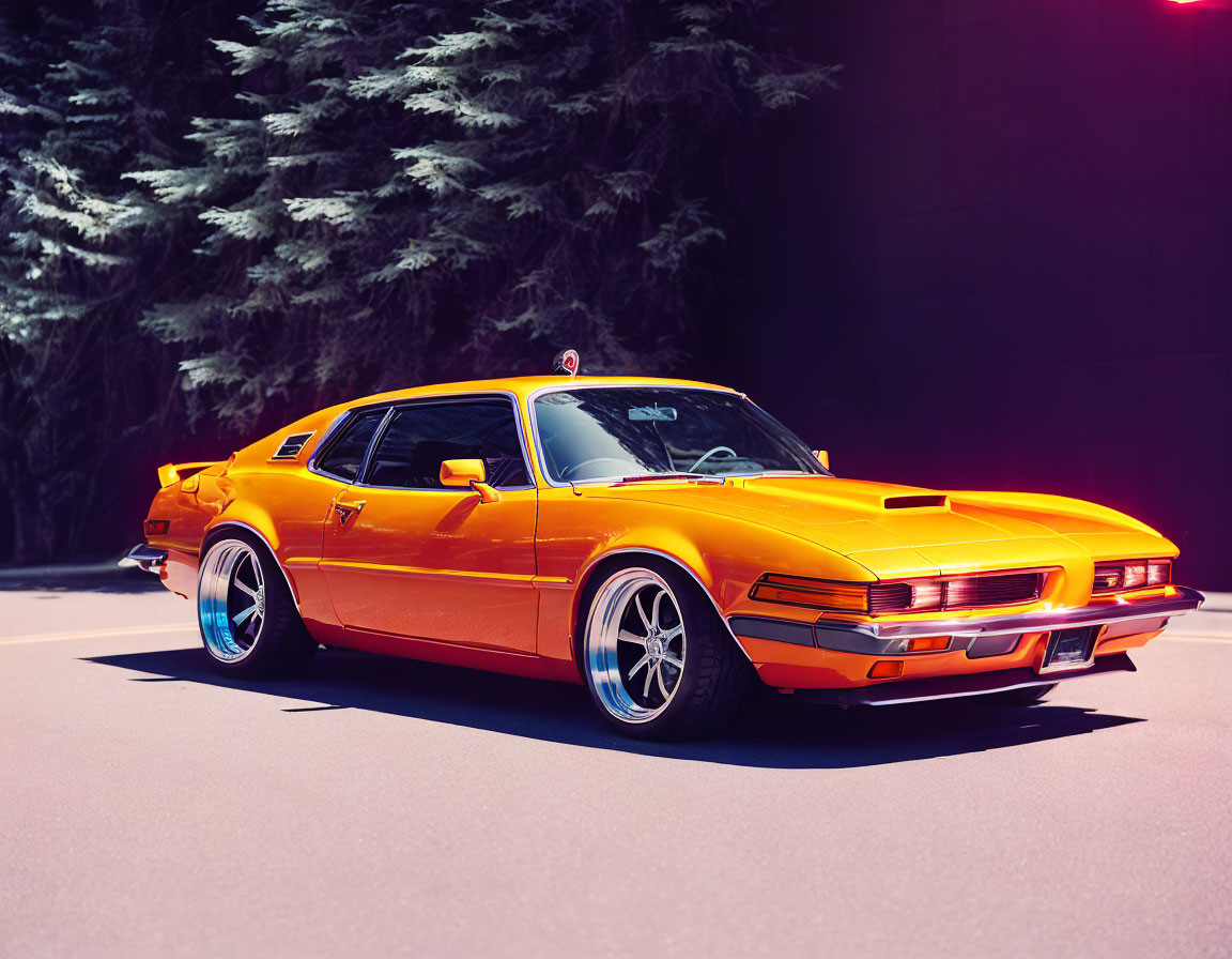 Vibrant orange classic sports car on asphalt road with pine trees