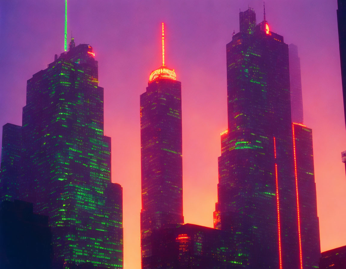 Glowing green lights on skyscrapers in pinkish-purple sky