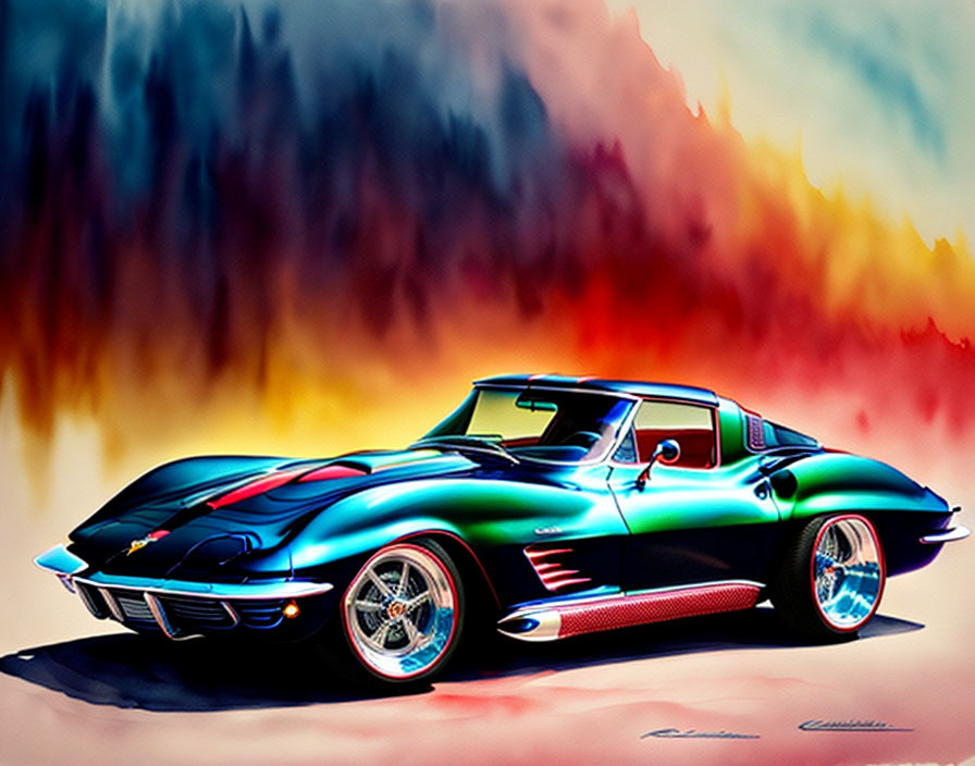 Vintage Chevrolet Corvette Stingray against colorful abstract backdrop