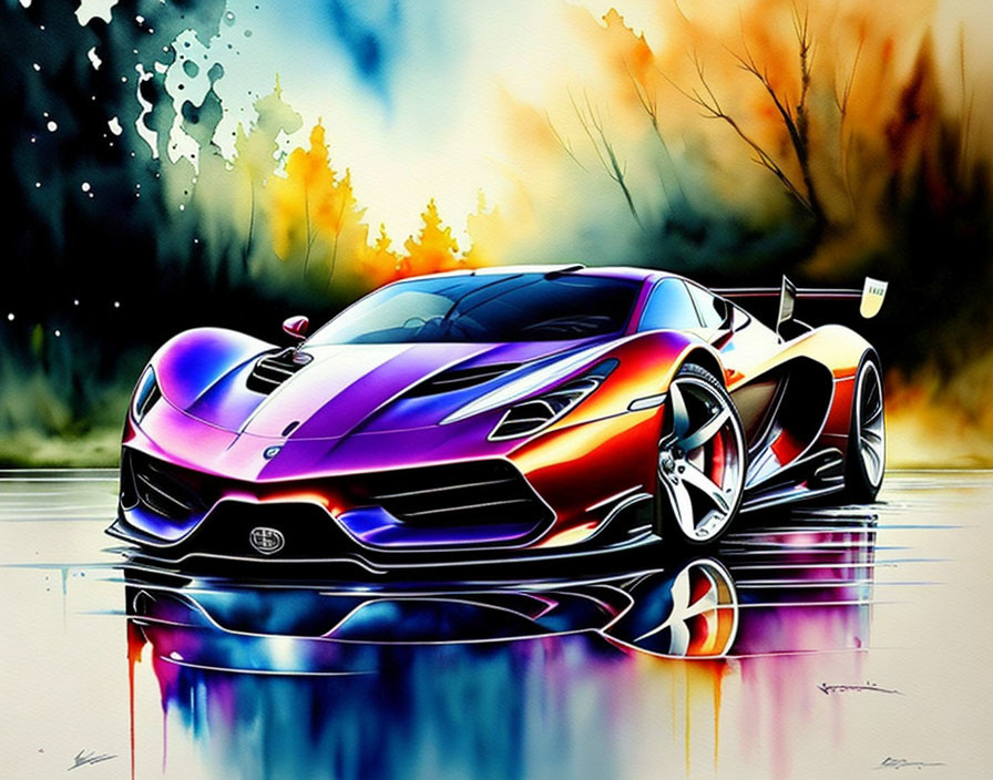 Colorful modern sports car with purple stripe on wet surface against abstract background