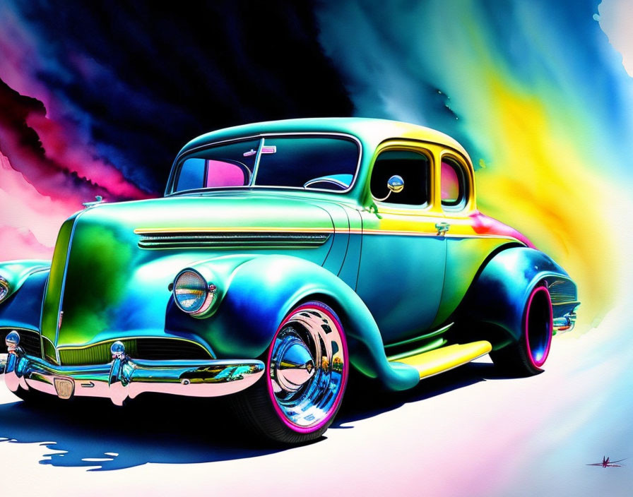 Vibrant classic car digital art with neon colors and dynamic background